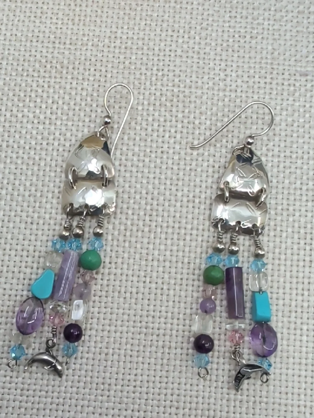 Signed Sterling Silver Dolphin Artisan Chandelier Earrings FL Keys 1990s - Picture 5 of 17